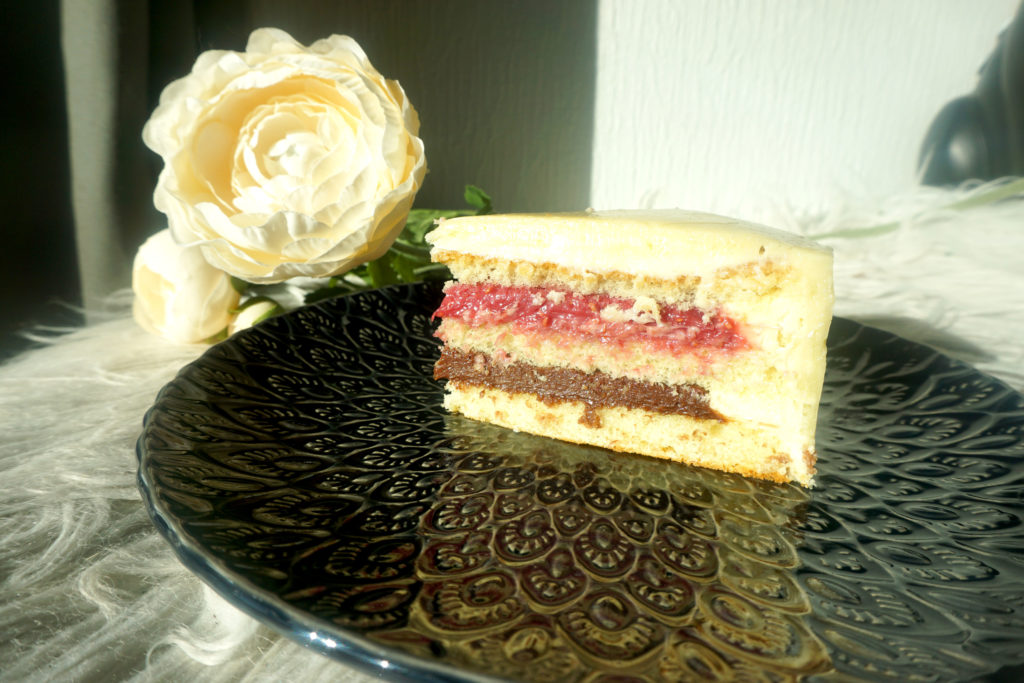 three layer cake chocolate raspberry, white chocolate, swiss merengue buttercream